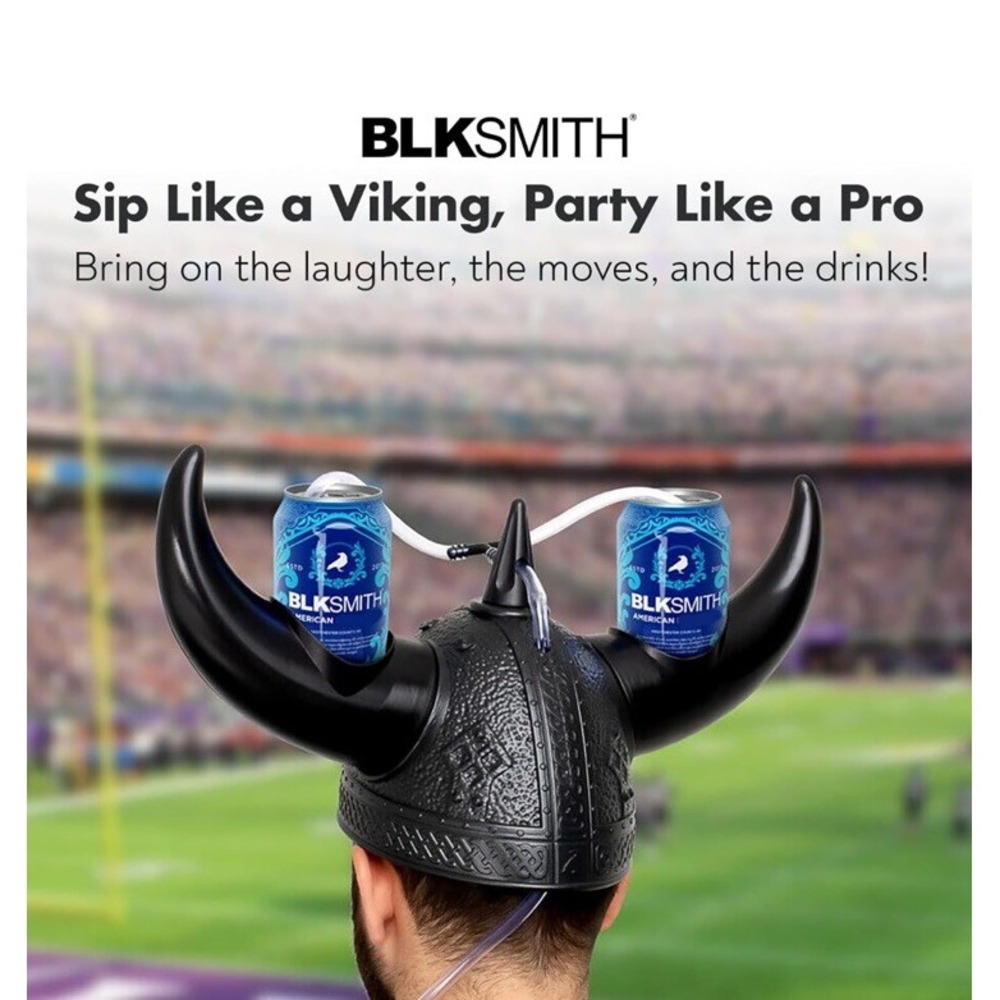 BLKSMITH Viking Beer Drinking Helmet Black Holds 2 12 Oz Cans - Picture 2 of 5